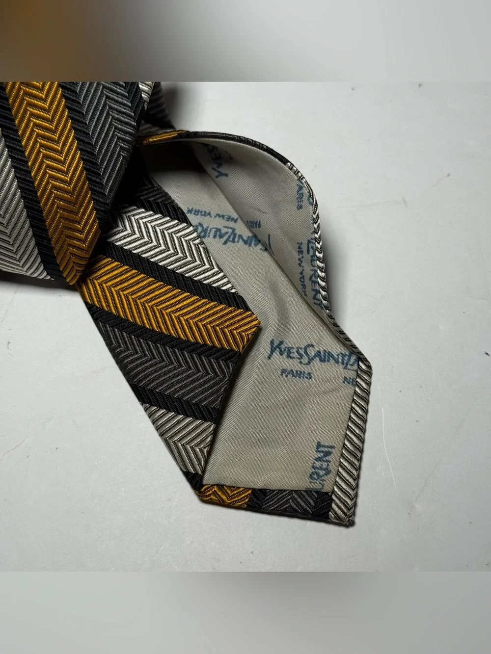 Vintage Yves Saint Laurent Silk Tie Gold Grey Black Herringbone Striped YSL 3.5